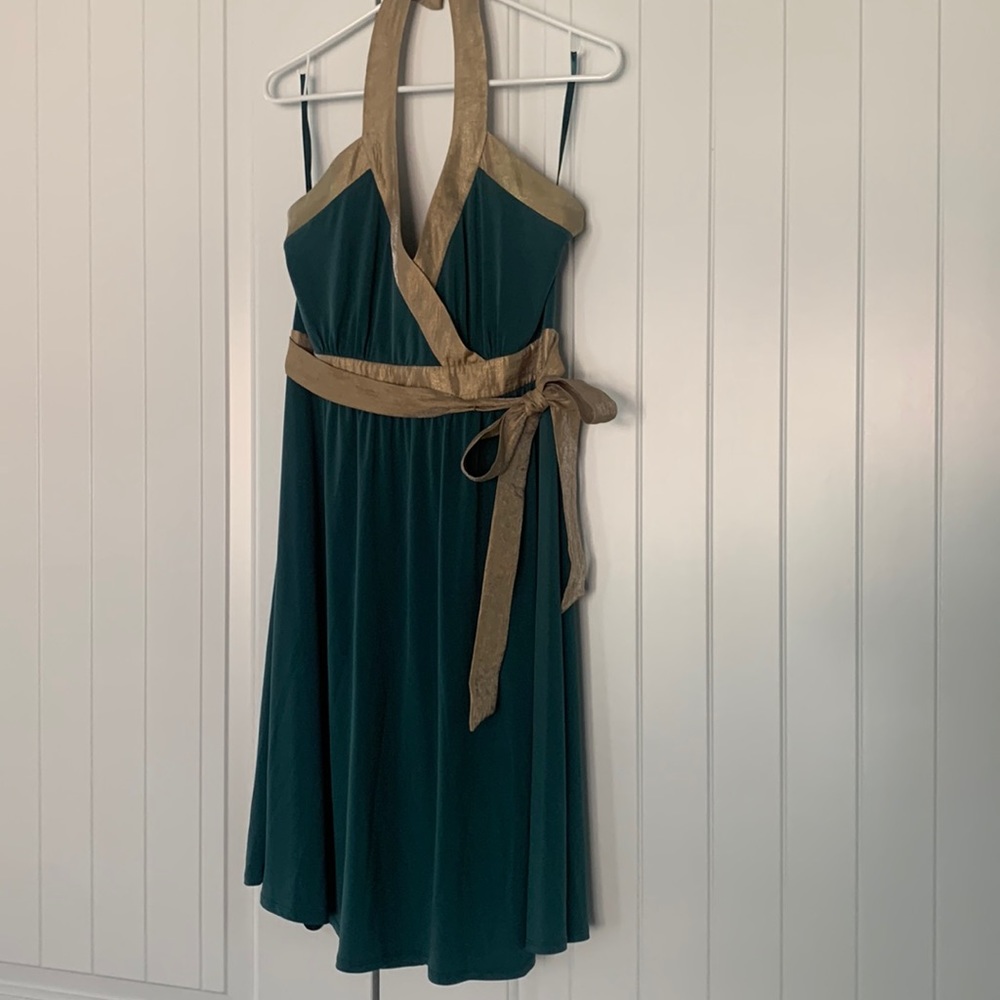 BCBG Green/matte gold Jersey knit Halter dress, size 12